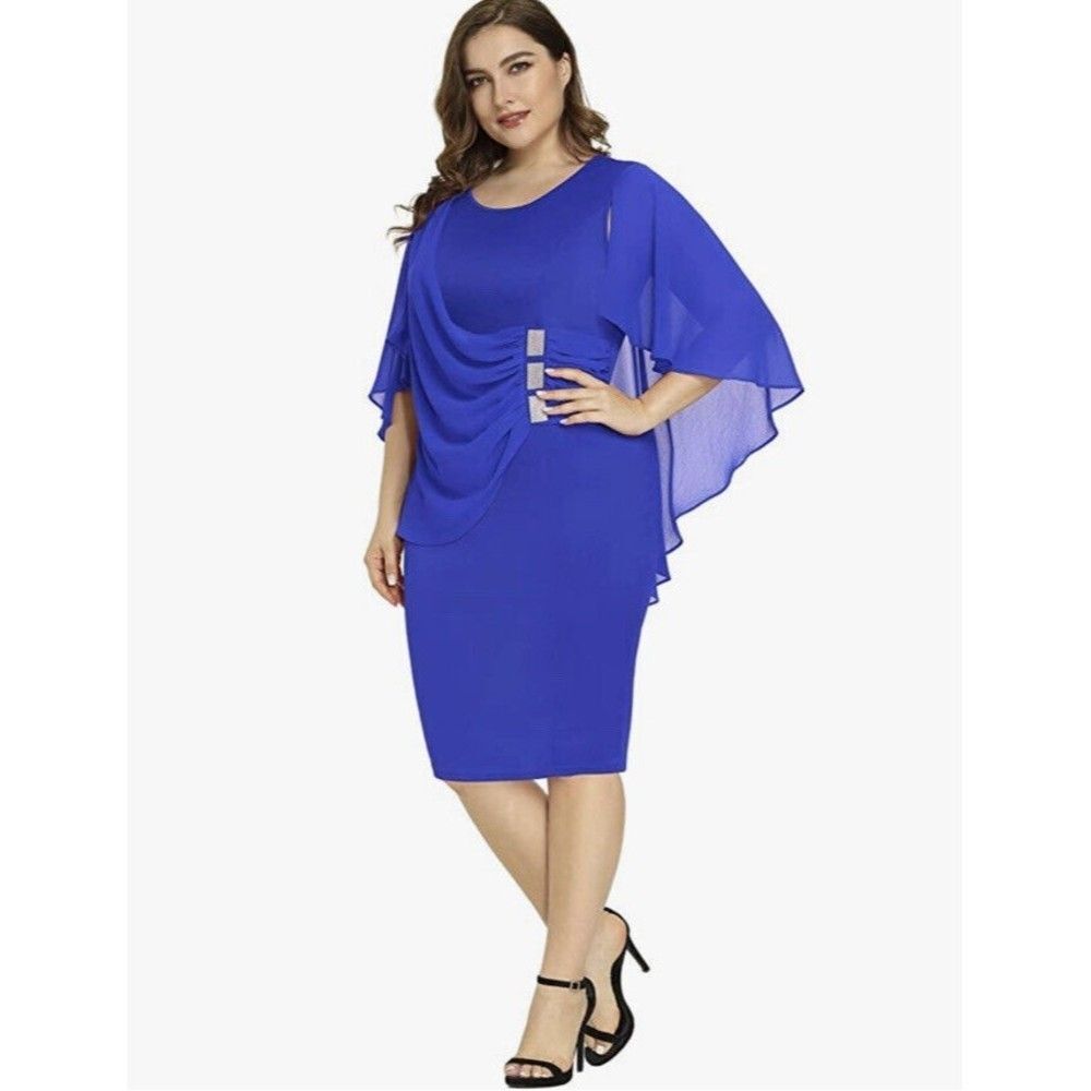LALAGEN Women Royal Blue Chiffon Dress Plus 2XL Ruffles Flattering Cap Sleeve